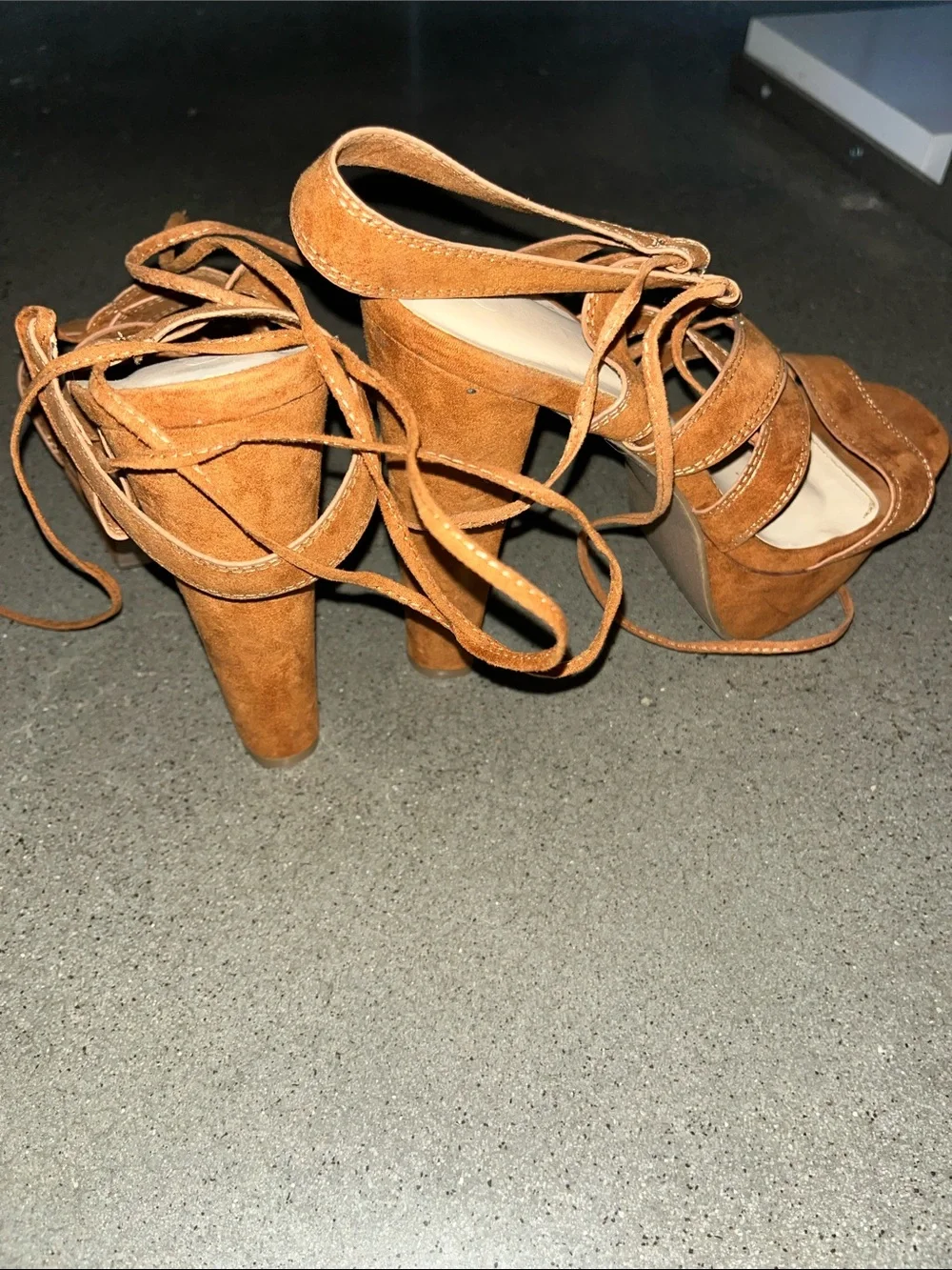 Charlotte Russe Suede Lace-Up Platform Heels in Tan